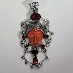 Goddess Pendant Carved Stone Face Sterling Silver with Garnet